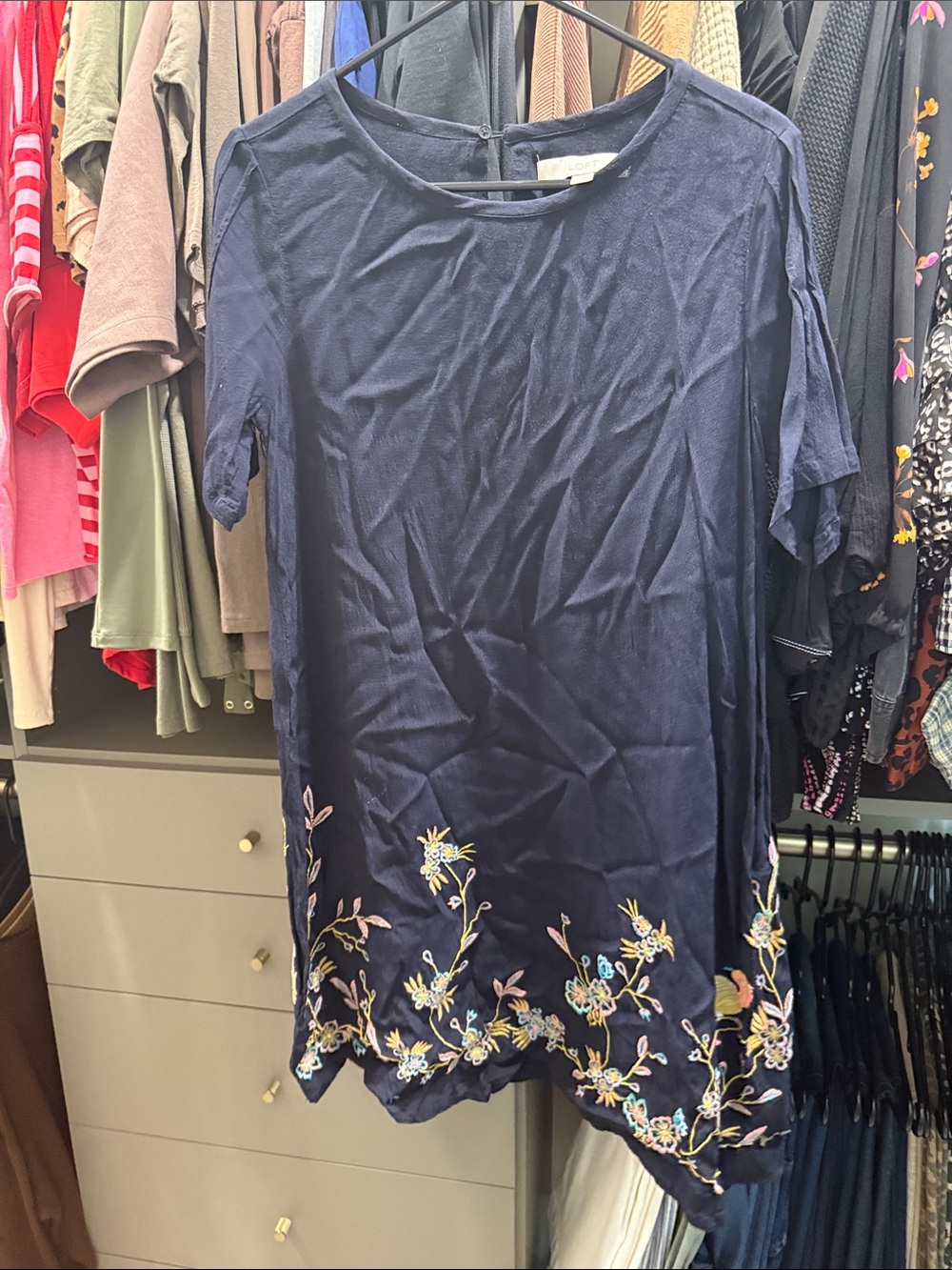 LOFT Navy Short Sleeve Tunic with Floral Embroidery